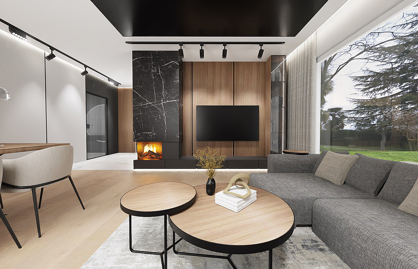 Ściana z kominkiem i telewizorem